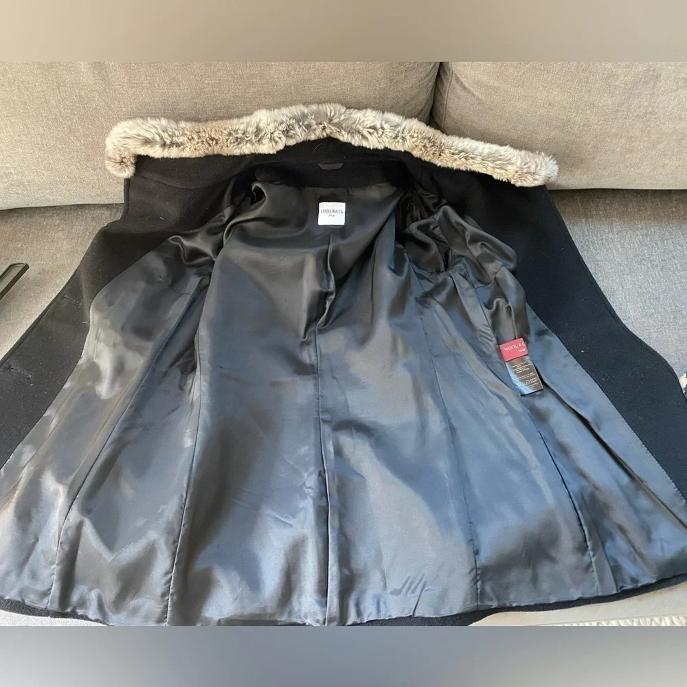 Cinzia Rocca Due Black Wool Cashmere Gray Rabbit Fur Collar Size 6
